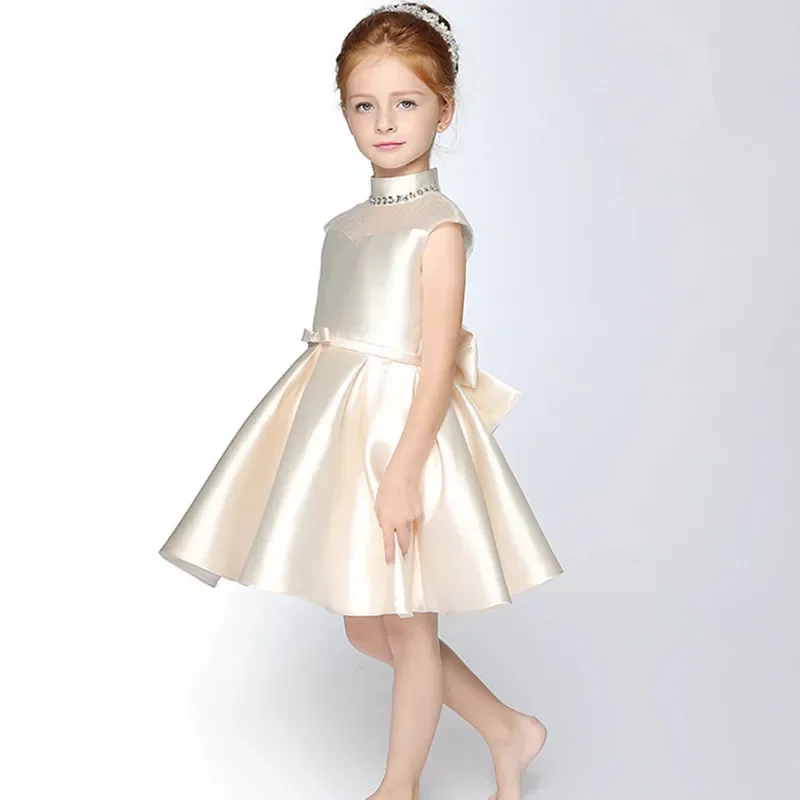 C'est YiiYa – robe à fleurs personnalisée pour filles, en Satin bleu, perles, col haut, sans manches, fermeture éclair au dos, longueur aux genoux, plissée, pour enfants, TS172