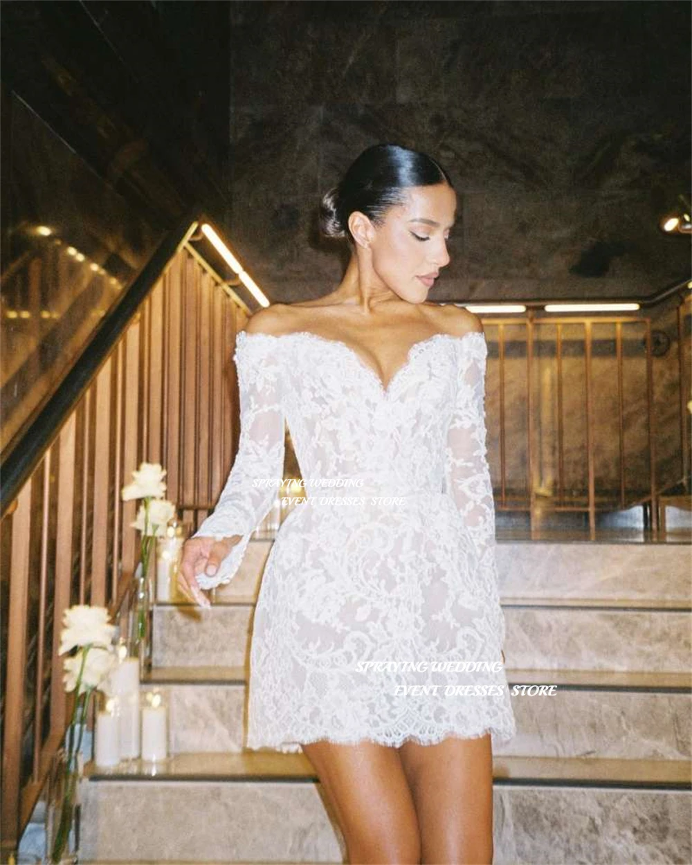 SPRAYING Sexy Off Shoulder Full Lace Mini Short Wedding Party Dresses Long Sleeves Mini Bridal Gowns Robe de mariage Prom Dress