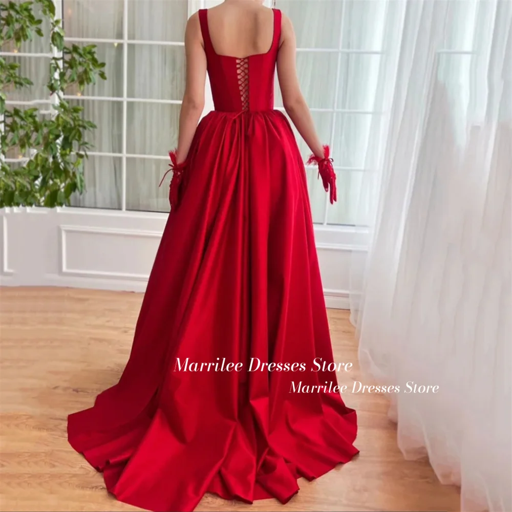 Marrilee customized Spaghetti Straps High Side Slit Stain Evening Square Neck Backless Lace Up Sleeveless Floor Length Gowns