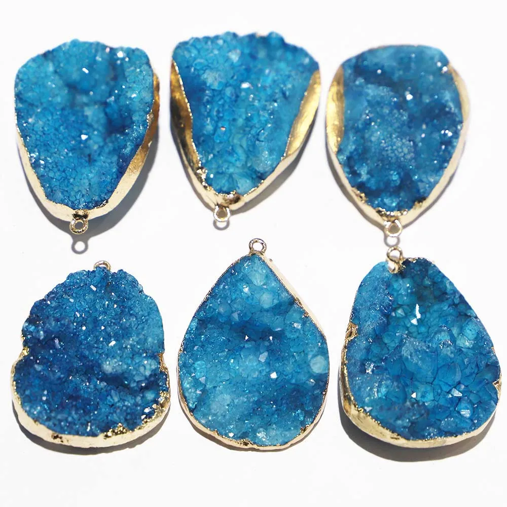 

Natural Raw Stone Blue Sparkling Hole Agate Pendant Necklaces DIY Clavicle Chain Unpolished Irregular Jewelry Wholesale 5Pcs/Lot