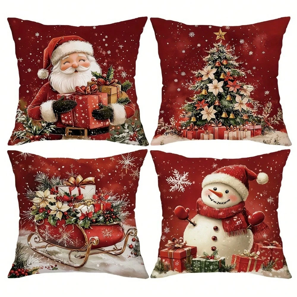 Christmas Pillowcases - Retro Santa/Snowman/Gift Box, for Porch/Patio/Sofa/Living Room