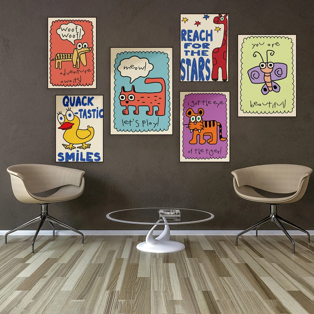 Kids dog, crocodile, rabbit, lion, cat, bird, sheep colorful prints, funny animal quotes, children's baby room decoration poster