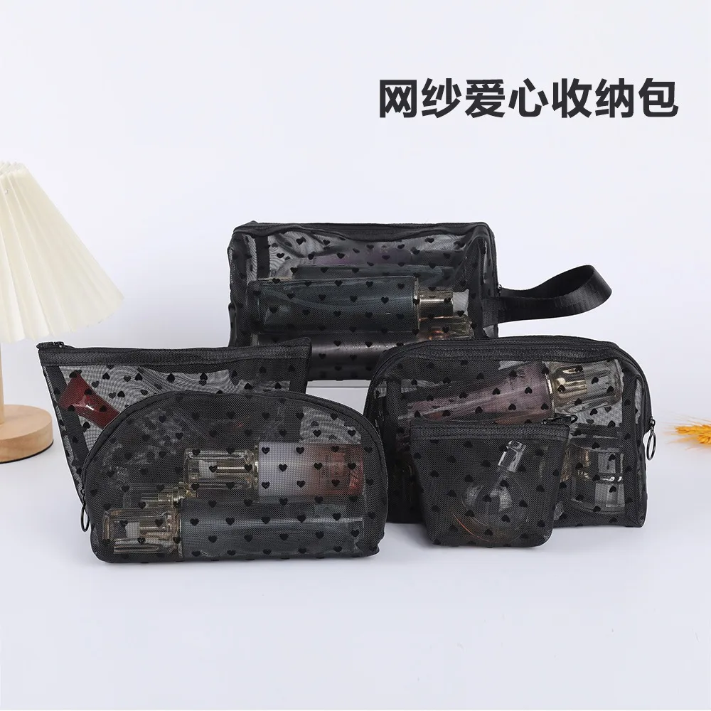 Net lace black heart velvet makeup bag, student transparent storage bag, travel portable toiletry bag, universal makeup bag