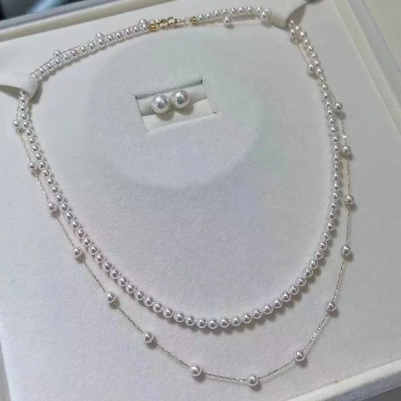 

SGARIT Jewelry Set Multi-Layers Chain Bone Necklace for Women 925 Sterling Silver Natural Freshwater Pearl Earrings