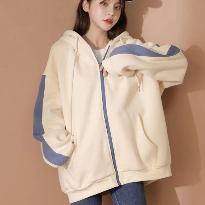 

Hooded Sweatshirts Women Korean Review Clothes Harajuku Patchwork Oversize Zipper Hoodies Preppy Look Streetwear Outerwear