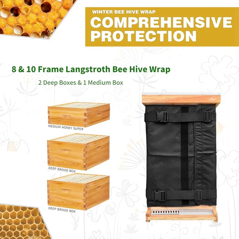 Winter Bee Hive Wrap for 8 and 10 Frame Hives, Adjustable Beehive Wrap Beekeeping Supplies, 600D Oxford Insulated Cover-AT35