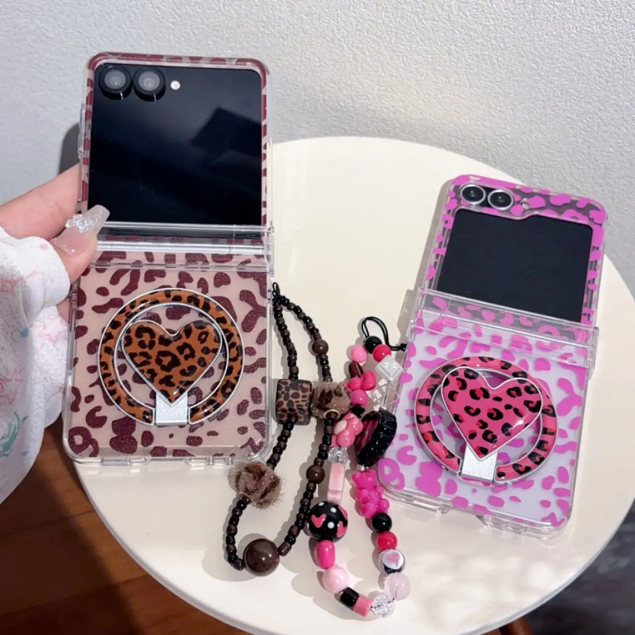 Fashion Leopard Print Heart Stand for Samsung Galaxy Z Flip 8 7 6 5 Protective Back Cover for ZFlip8 ZFlip6 ZFlip7 Case Shell