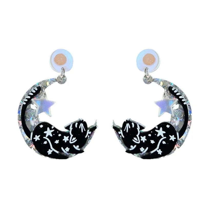 

Halloween Retro Constellation Moon Black Cat Acrylic Earrings Curved Moon Shining Black Cat Pendant Earrings