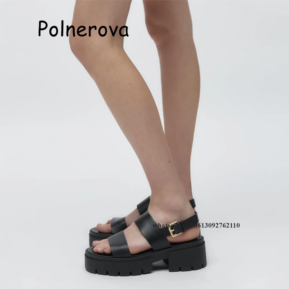 Black One Word Belt Sandals Platform Women's Shoes Chunky Heels Metal Buckle Summer Casual Ladies Fashion All-Match Roman Shoes