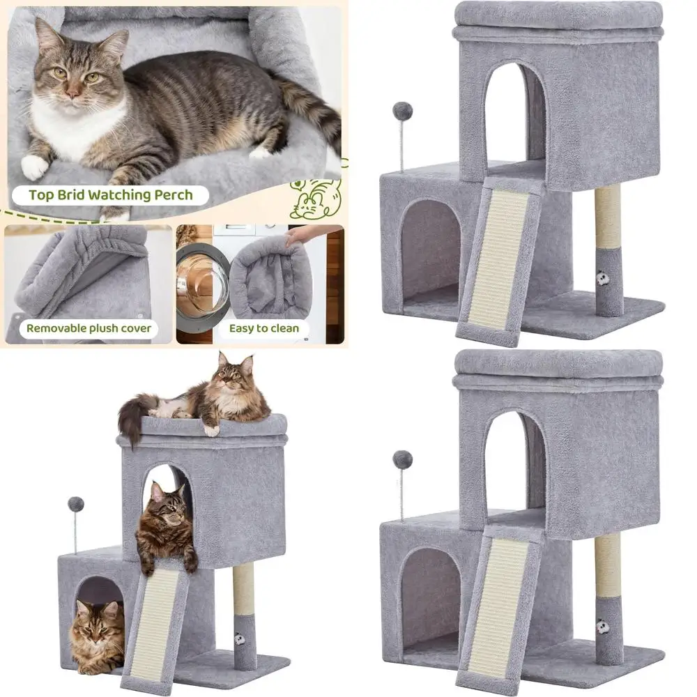 

32 High Cat Tree with 2 Condos, Scratching Post & Board for Adult Cats in Light Grey