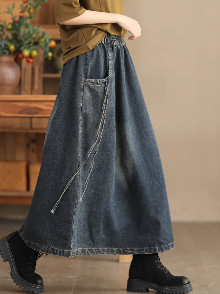 

Ele High Waist Cotton Denim Skirt Women's Loose Fit Midi A-Line Skirt Spring Faion Casual Commute Pure Color