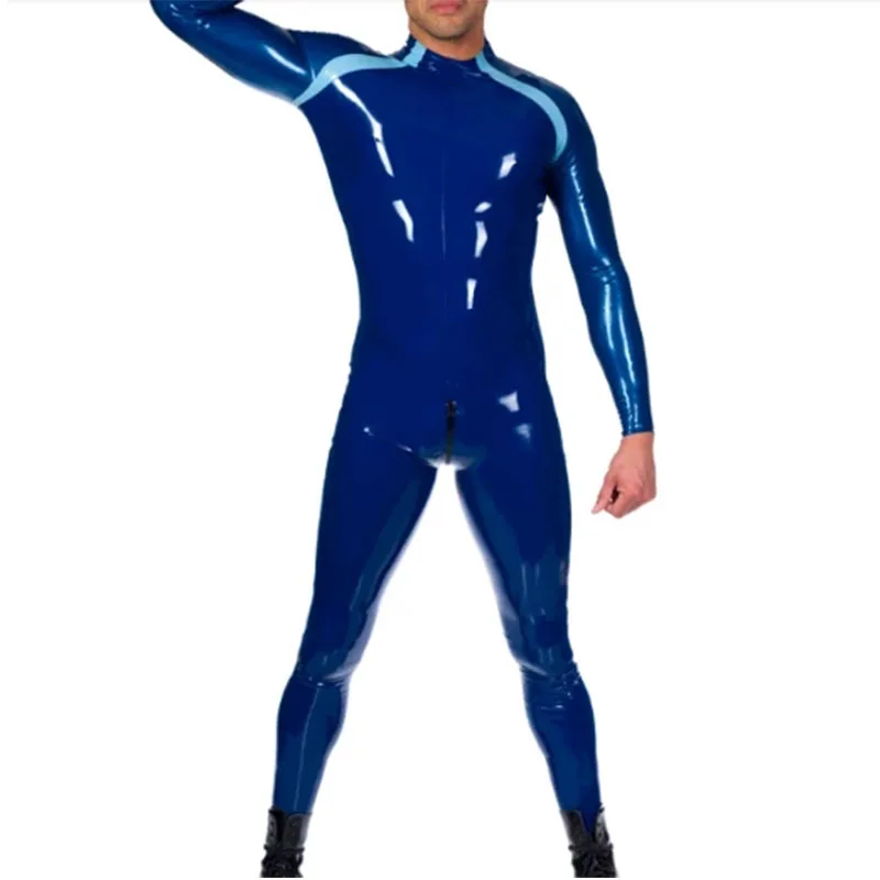 Latex Catsuit Handmade Blue with Sky Blue  Front Zip Rubber Jumpsuit Bodysuit for Men Customize