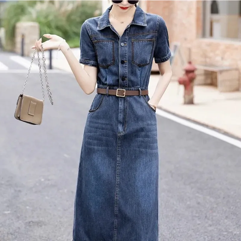 Short sleeved Denim Shirt Dress 2024 Women's New Summer Temperament Slim Dress With belt Casual Clothing