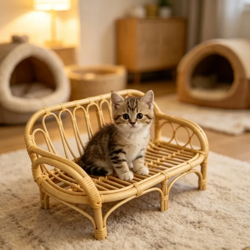 

Natural Rattan Cat Sofa Bed Handwoven Cat Photography Prop Wicker Pet Bed for Indoor Cats Mini Photo Shoot Bed for Kittens