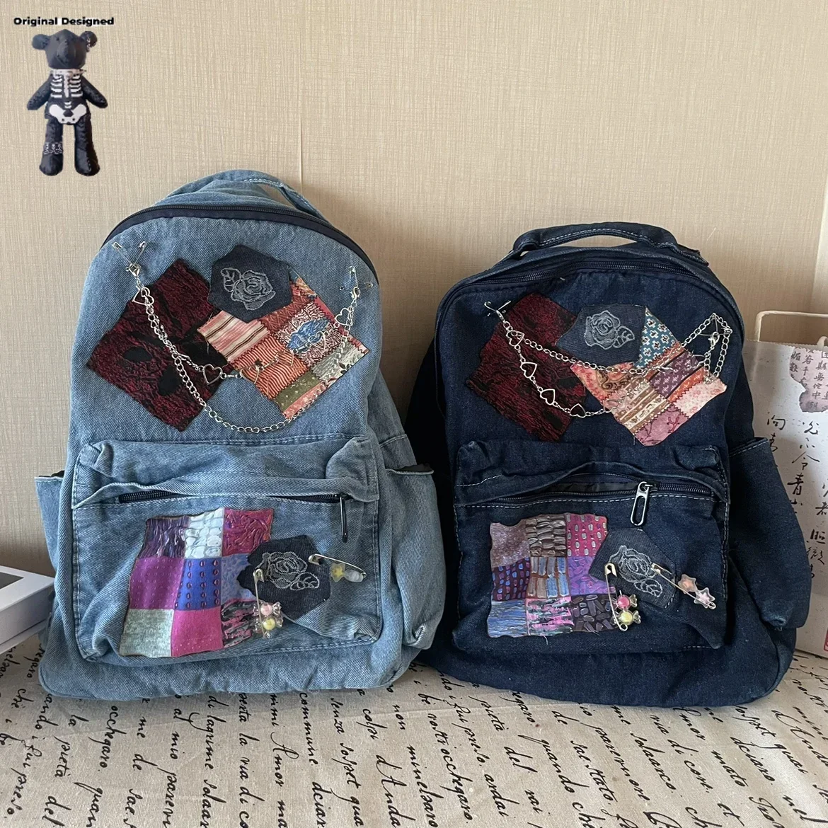 Women Fashion Washed Retro Backpacks Y2K Patch Travelling bags Leisure Student School Bag Denim Backpack