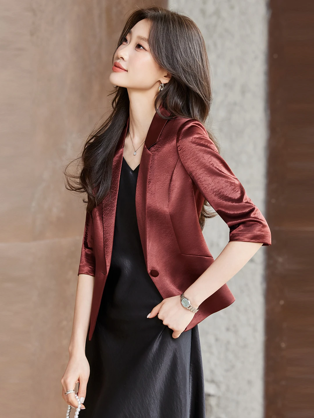 Red Wine Color Suit Jacket And Dress Two-Piece Set Casual High-End Versatile Women's Suiting Ensemble Commute Friendly Design