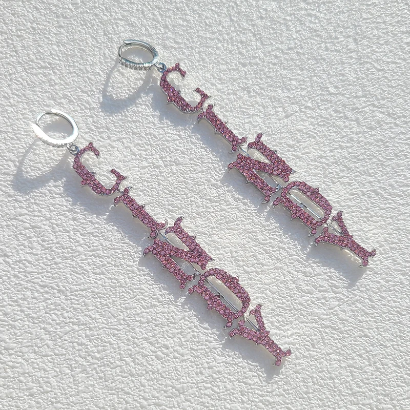 1 Pair Custom Name Earrings For Women Pink Crystal Personalized Initial Letter and Numbers Nameplate Stud Earring Party Girl