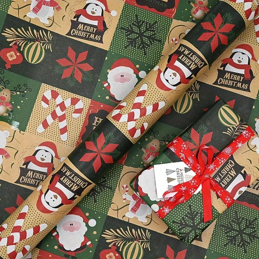

Christmas Wrapping Paper Roll - Festive Kraft Paper with Snowflake, Tree, and Ornament Patterns, Ideal for Holiday Gift Wrapping