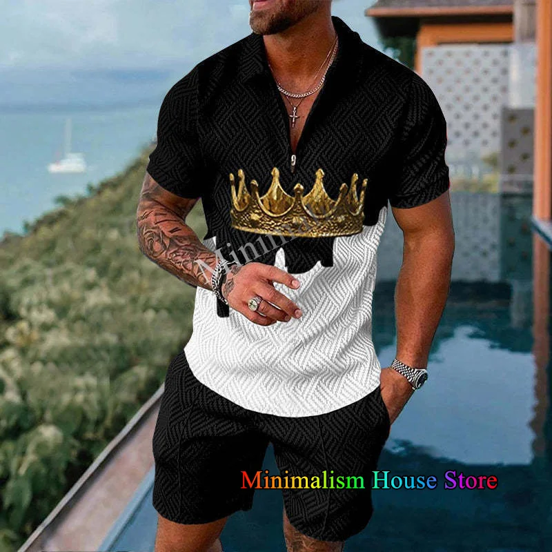 Men's Tracksuit Luxury 3D Print Short Sleeve Zipper Polo Shirt Shorts 2 Pieces Sets Summer Sports Suit Oversized Male Streetwear