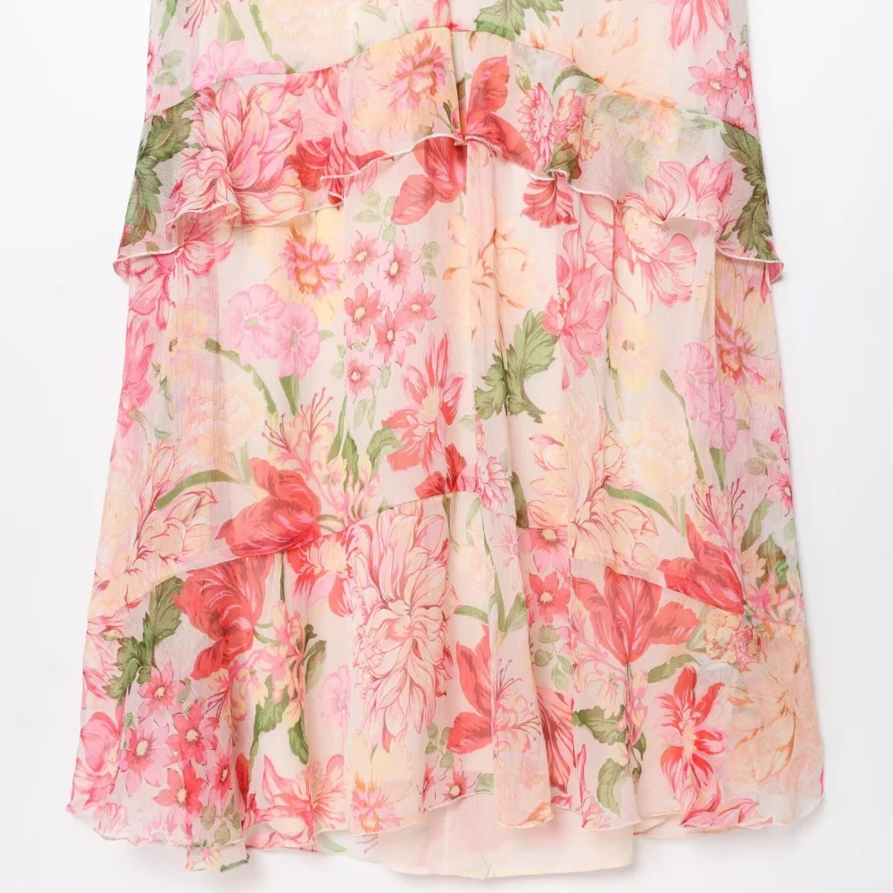 スタンドカラーのノースリーブとウエストストラップ付きのプリント柄ゆったりワンピース、夏の新作レディースファッションロングスカート