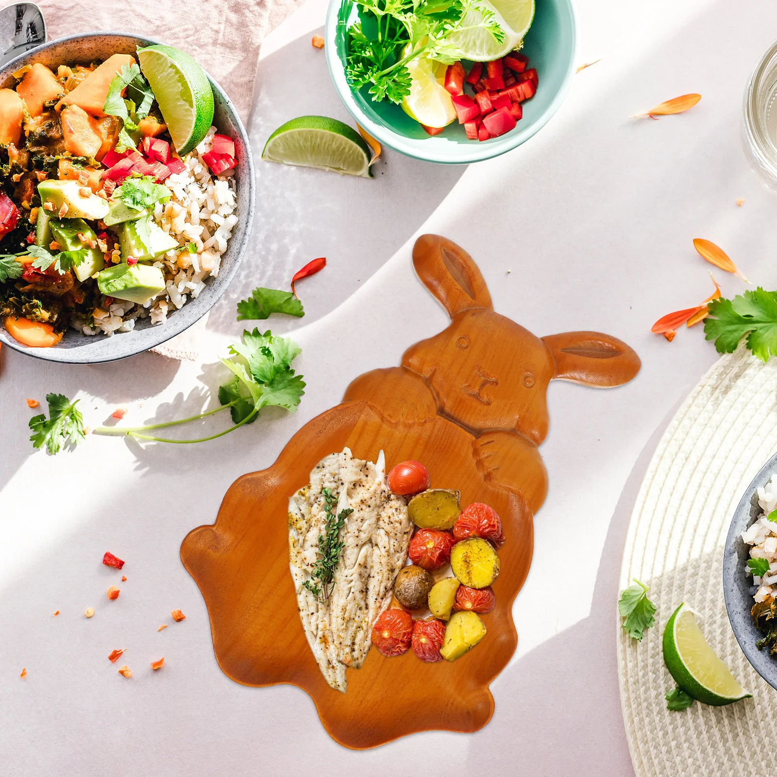 

Wooden Bunny Tray Rabbit Shaped Serving Platter Rustic Charcuterie Cheese Board Dessert Fruit Salad Holiday Dish