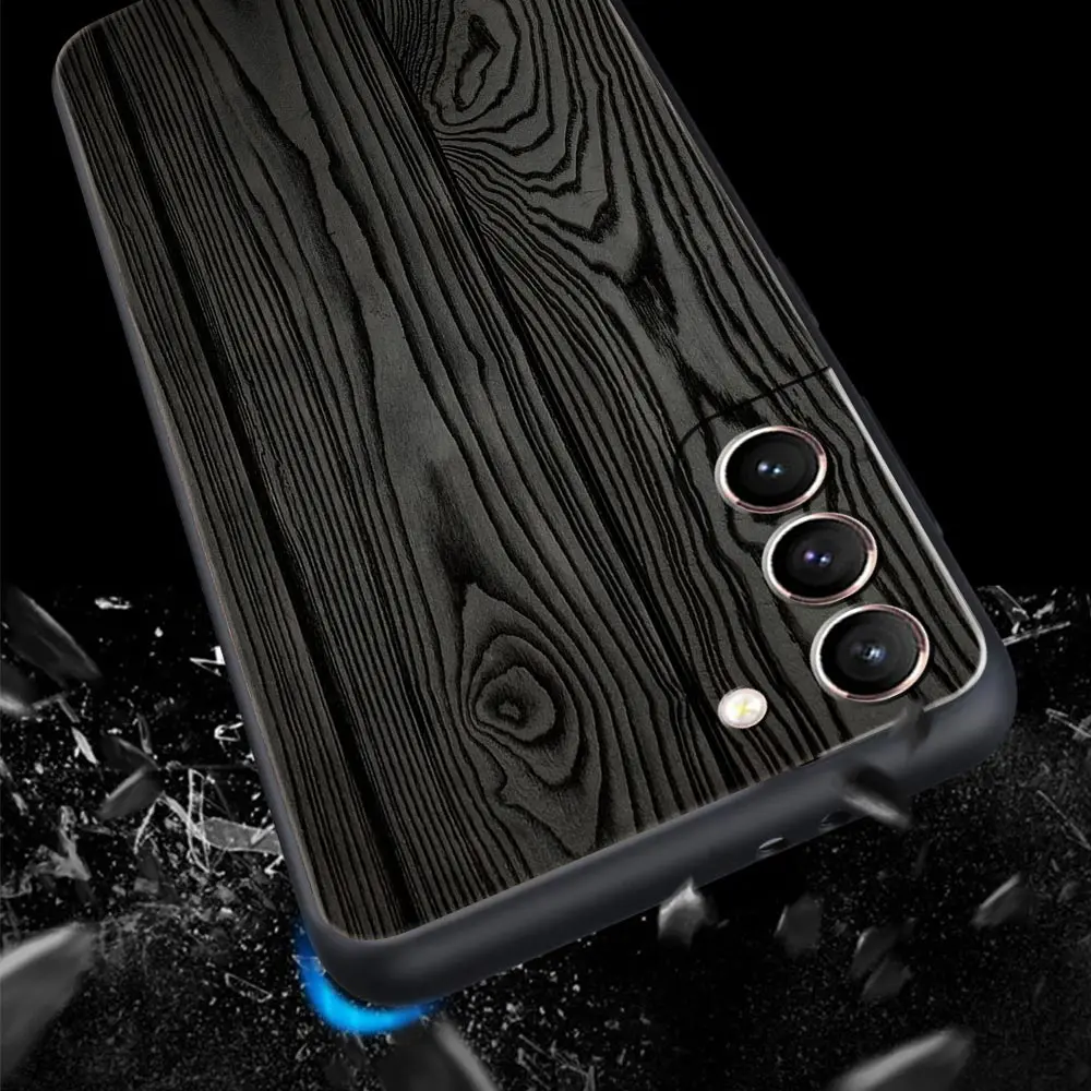 Carved Wood Case For Samsung Galaxy S22 S21 S20 Ultra FE 5G S24 S9 S10 Plus S23 S10E Silicone Phone Cover Shell Black