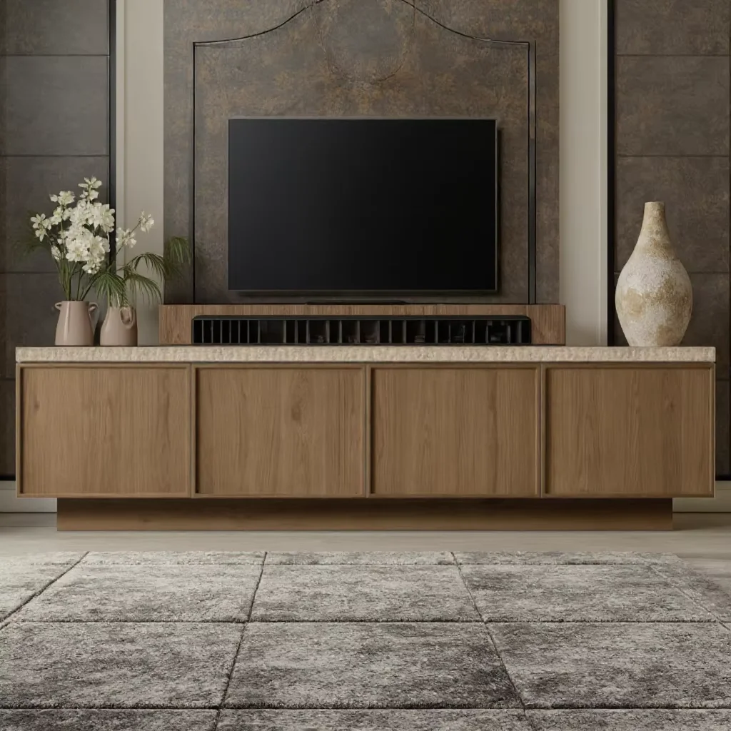 Deluxe American living room furniture set, oak solid wood TV cabinet, marble countertop 4-door media cabinet