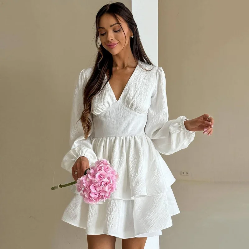 

Small Textured V-Neck Long Sleeved Solid Color Dress With Fashionable Temperament, Elegant And Slim Fit, A-Line Hip Hugging Shor