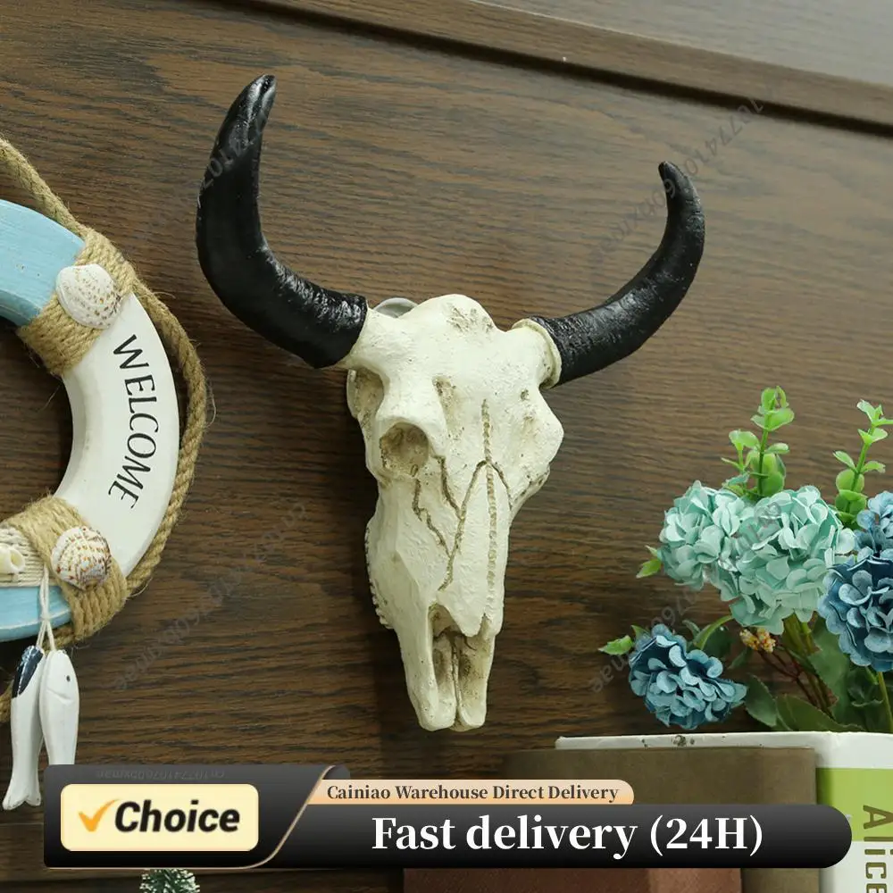 Longhorn Cow Skull Head Ornament Wall Hanging Wall Decoration Figurines Crafts Nostalgic Realistic for Home Halloween Decor