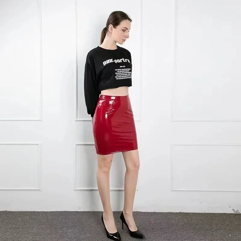 

High Waist Patent Leather Mini Skirt Women Sexy Faux Latex Pencil Skirt Custom Nightclub Costume Summer Stretch PU Slim Skirt