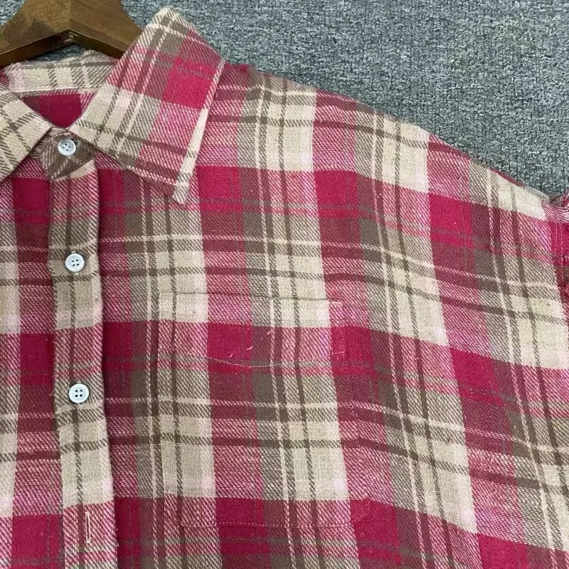 New Washed Red SUNTEE ZA Vintage Tassel Plaid High Quality 1:1 Mens Womens Long Sleeve Shirt