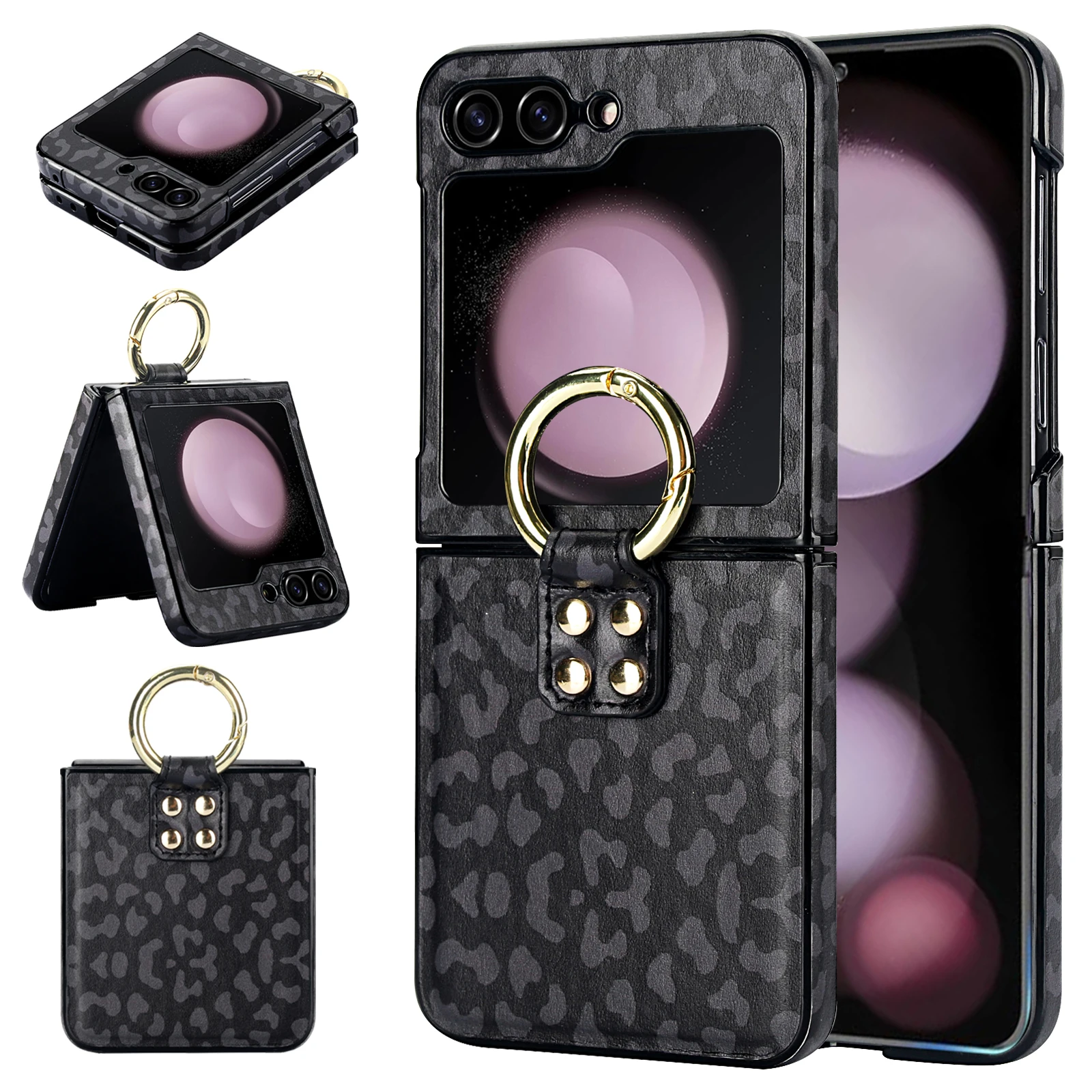 For Samsung Flip 6 Flip 5 Flip4  Flip 3 Case Luxury Leopard Print Colorful Leather Pattern Ring Bracket Shockproof