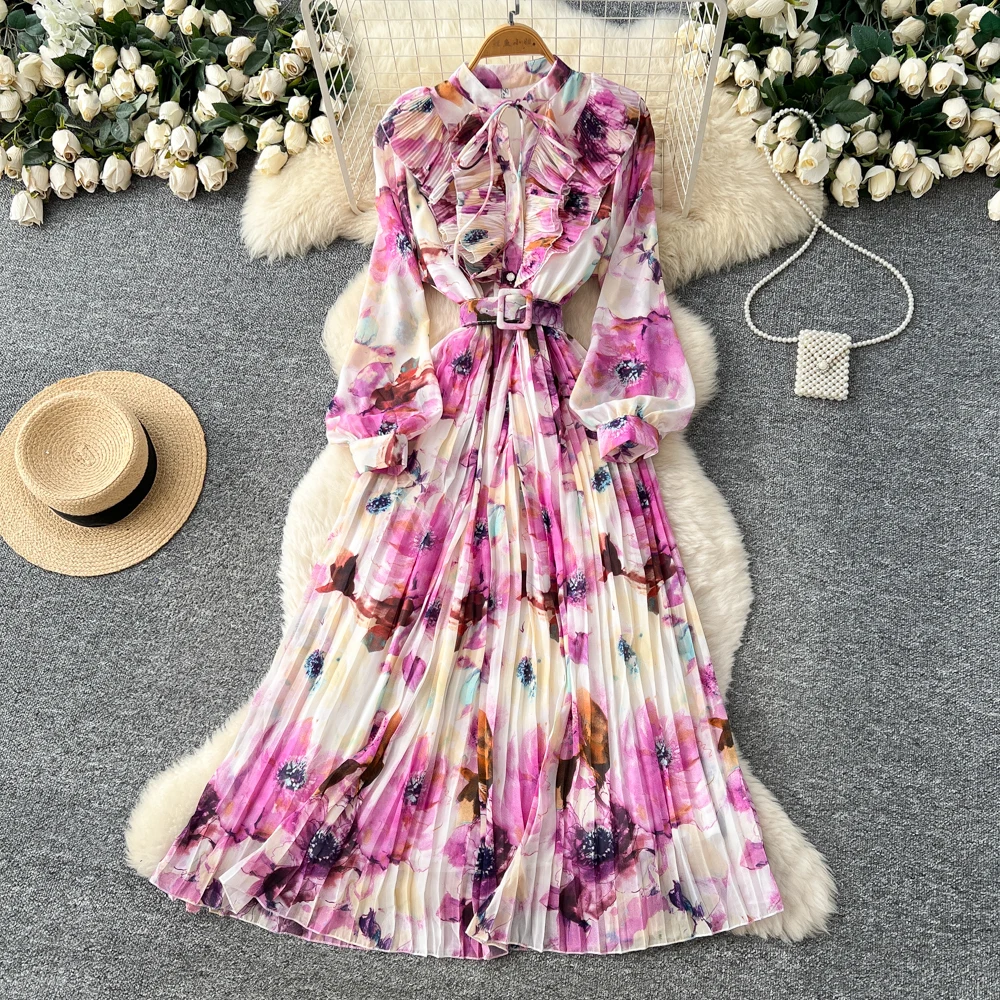 Chic vintage long sleeve print Elegant Fairy autumn hotsweet Sundress women clothing A-line dress