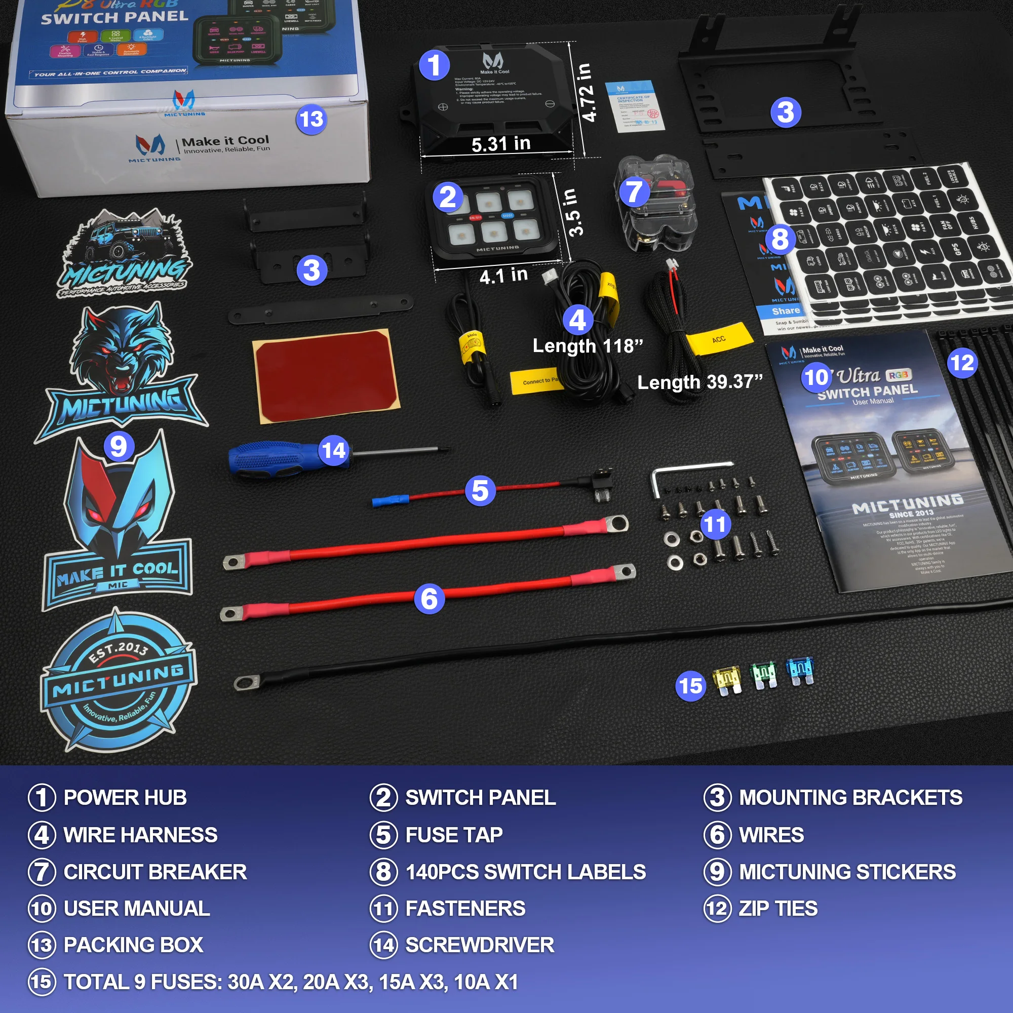 MICTUNING Painel de interruptores de 6 gangues P8-Ultra, caixa de sistema de relé de controle de circuito universal caixa de interruptor multifuncional para caminhão captador de carro