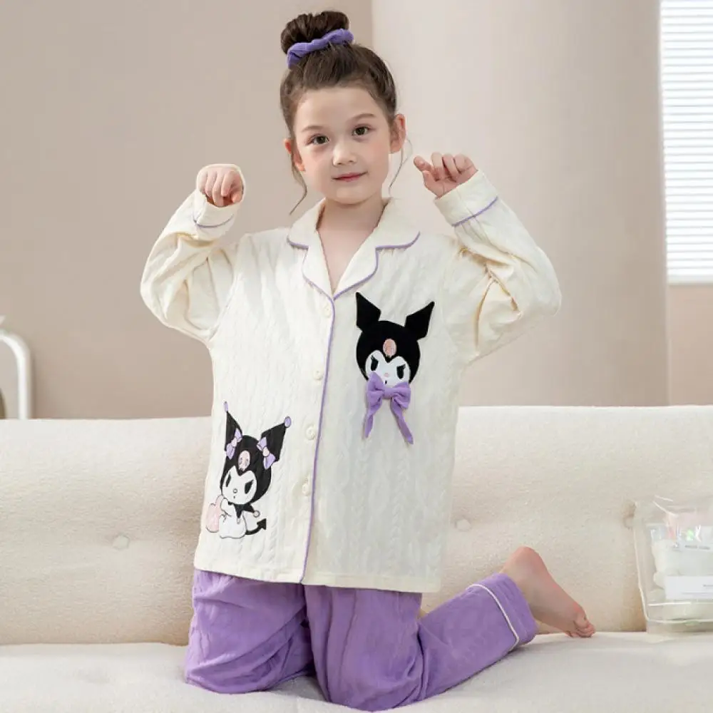 2Pcs Parent-Child Pajamas Kawaii Spring Autumn Anime Kuromi Melody Cinnamoroll Girl Cartoon Doll Collar Cardigan Pants Homewear