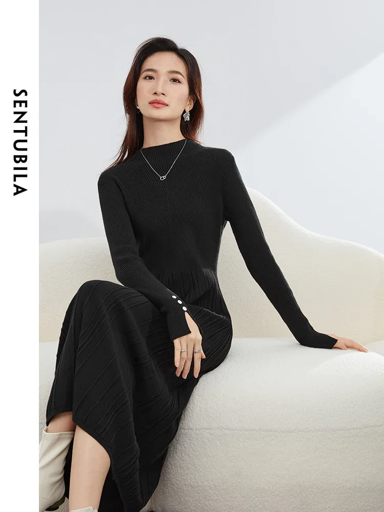 SENTUBILA Black Elegant Stand Collar Knit Pleated Dress 2024 Spring Fashion Woman Long Sleeve Midi Dresses Clothing W44L58523X