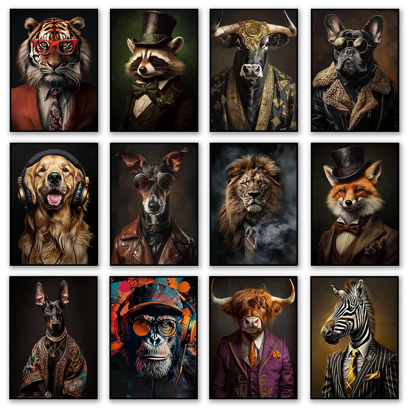 1pc frameless Canvas Painting Animal Portraits Cool Dog Doberman Leopard Zebra in Striped Suit Poster Print Wall Art Pictures Ca