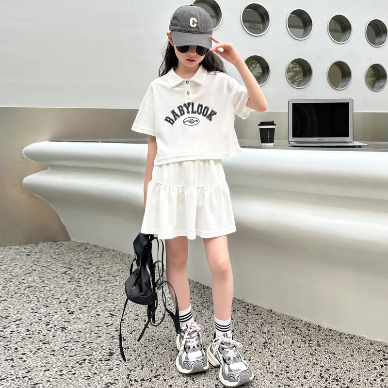 

2024 spring summer girls tennis polo tracksuit short t-shirt + loose sport pleated skirt teenager children set 5 6 8 10 12 year