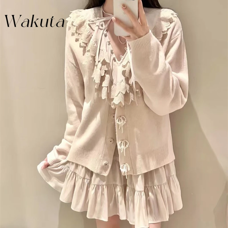 WAKUTA Japanese Spring/Autumn Temperament Elegant Sweet Long Sleeved Knitted Sweaters Solid Bow Pearl Button Cardigan Y2k Jacket