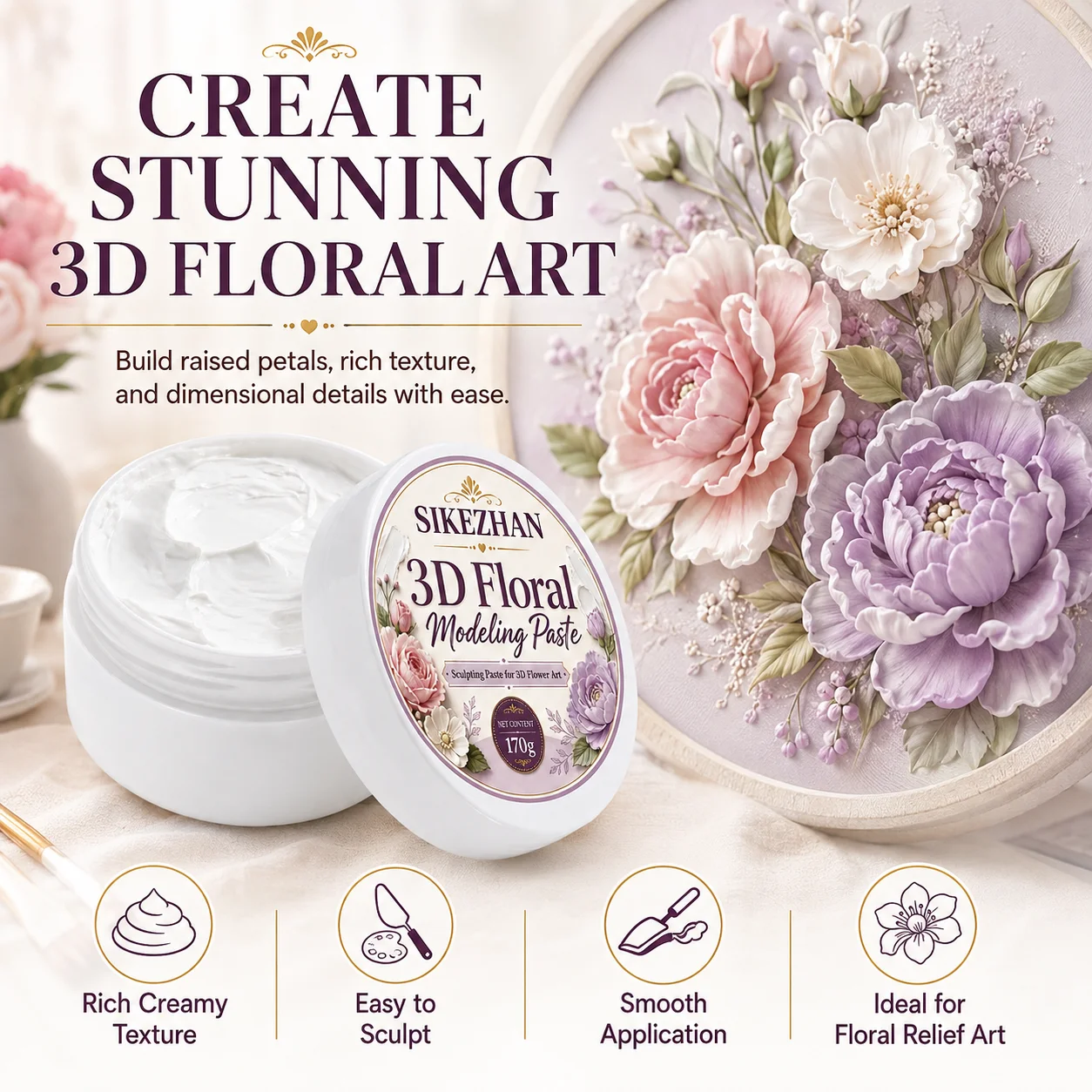 170g White 3D Floral Modeling Paste Heavy Texture Sculpting Relief Medium Palette Knife Painting Mixed Media Wall Art Crafts DIY