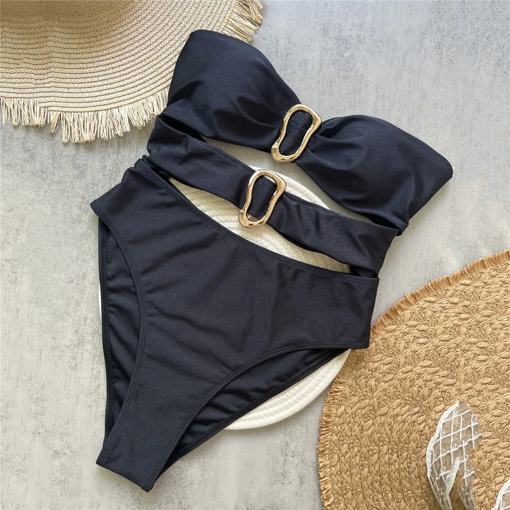 

Сексуальный черный ажурный бандажный купальник, женский цельный купальник, монокини 2025, одежда для купания с металлическим кольцом, купальный костюм с высоким вырезом