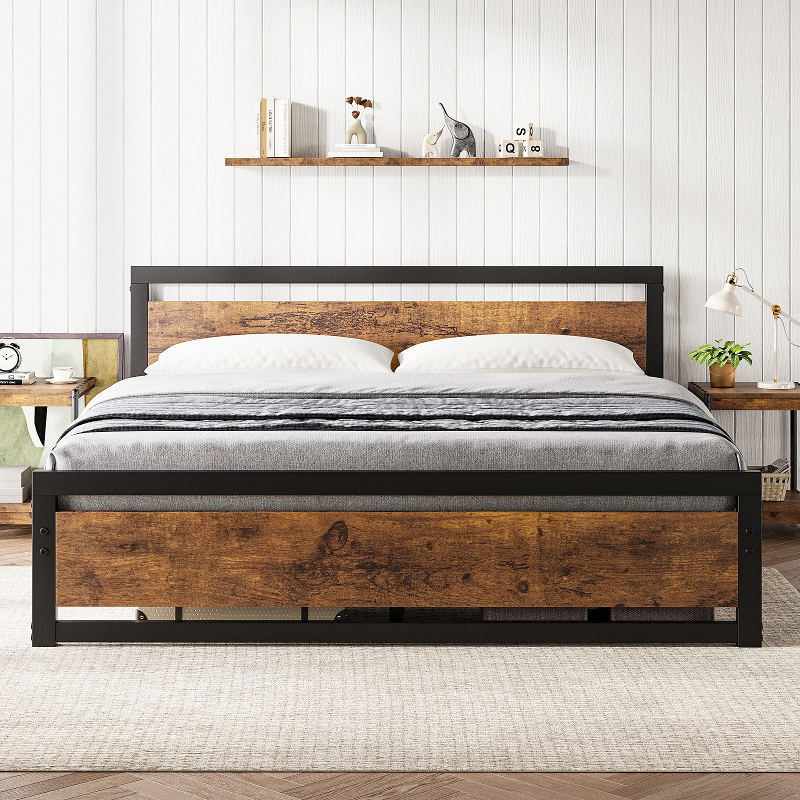 Metal and Wood Bed Frame with Headboard Footboard Full Size Platform Bed Strong Metal Slat Support No Box Spring Needed Easy to