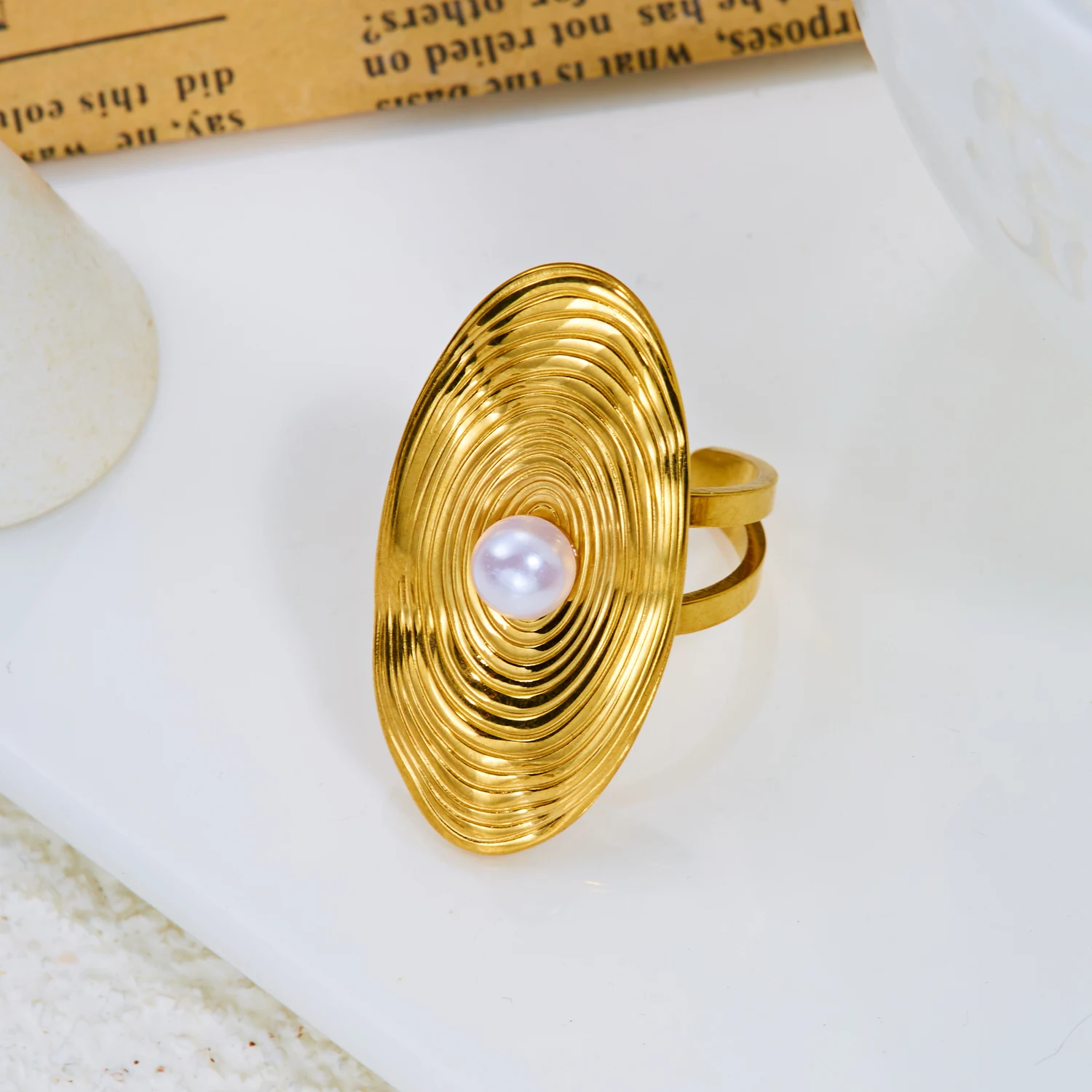 Edelstahl Weiße Öltropfen Offene Ringe für Frauen Naturstein-Einlage Breiter Ring Stapelbare Ringe Vergoldeter Schmuck – Detail 7