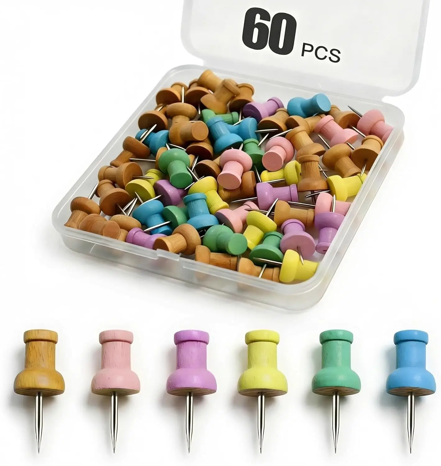 

60 Pcs Colorful Wood Push Pins, Decorative Thumb Tacks for Cork Board, Bulletin Board, Map Pins