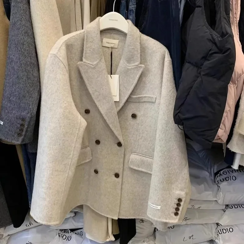 Korean Women's Wool Coats Suit Double-breasted Loose Thicken Extra Large Overcoat High Quality Fashionable