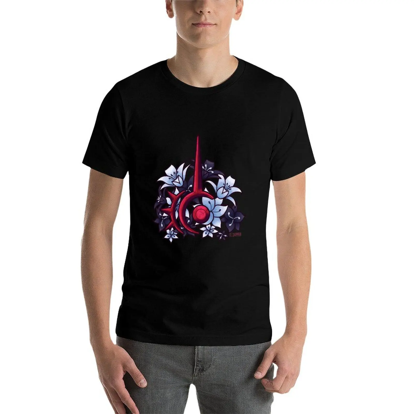 FFXIV Red Mage Job Symbol with Flowers T-Shirt Casual Soft Cotton Short Sleeve Tee view 4
