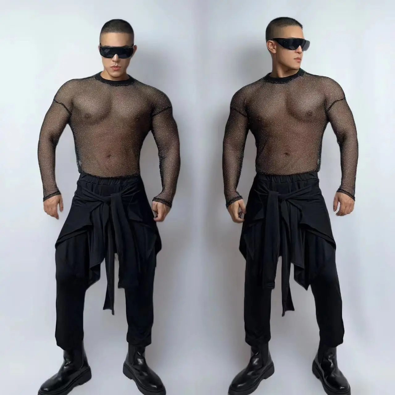 

Japan Style Bar Nightclub Dance Costume Male DJ Singer Performance Stage Wear Black Elastic Skinny Tops Harem Pants Set