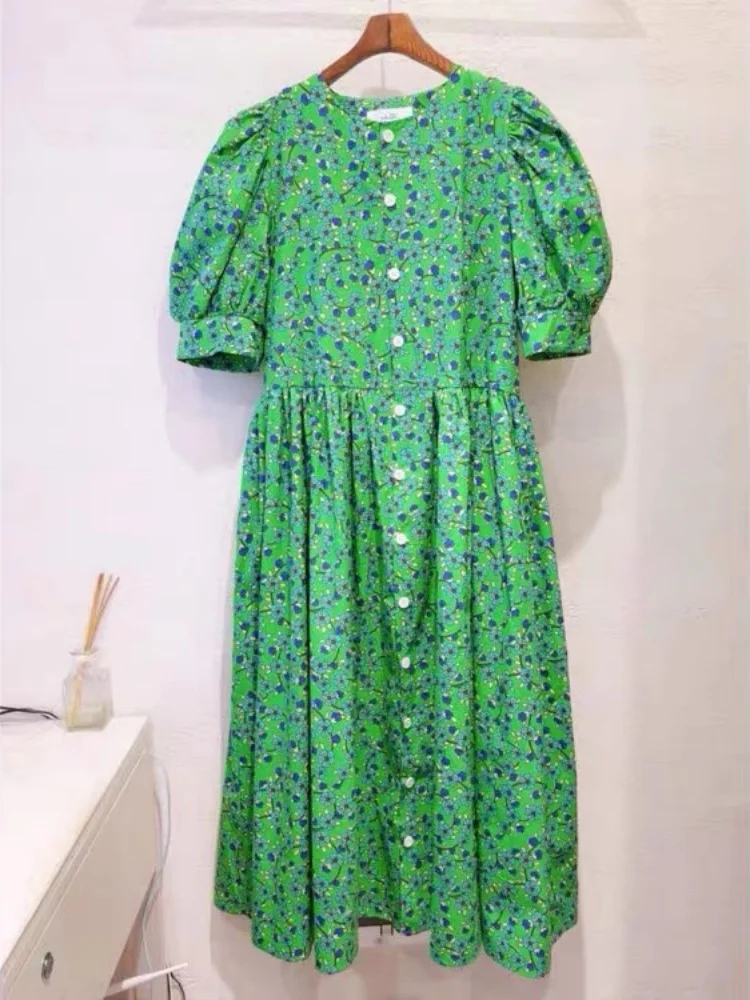 Summer Green Floral Print Short Sleeve Women Dress Fashion Casual Loose Elegant Puff Sleeve Long Dresses