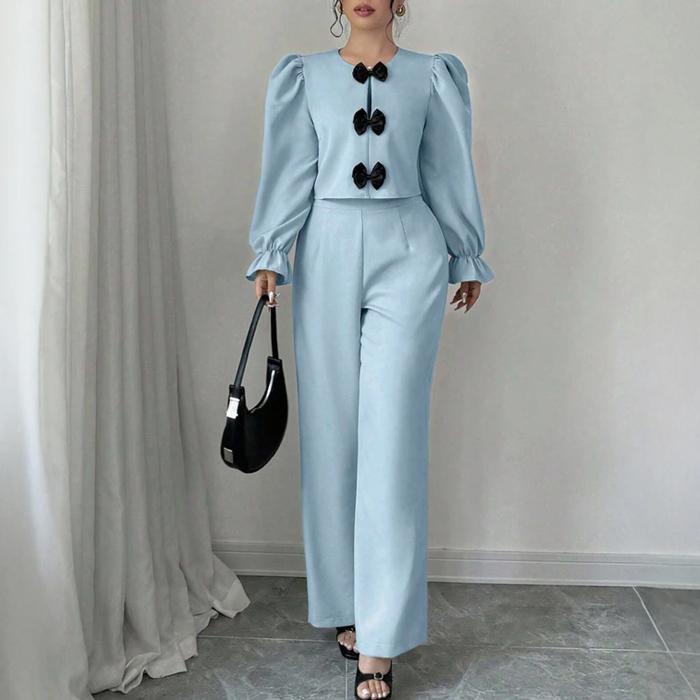 

Mia Muse Women's Bowknot Sets Summer Fashion Casual 2025 Plain Long Sleeve Natural Waist Full Length Straight Daily Sets