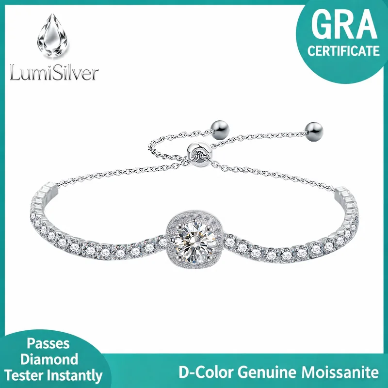 Cushion Halo Moissanite Tennis Bracelet Adjustable Bolo 925 Sterling Silver GRA Certified Elegant Gift for Women